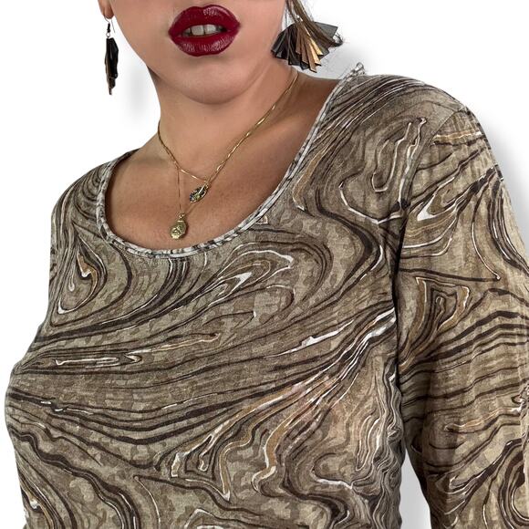 90's tan trippy swirl camo cotton blend scoop neck semi sheer blouse by FRESH - Picture 8 of 16